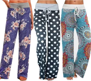 ROSA JUNIO Comfy Pajama Pants for Women Casual Drawstring Floral Palazzo Lounge Pants Stretch Wide Leg Bottoms