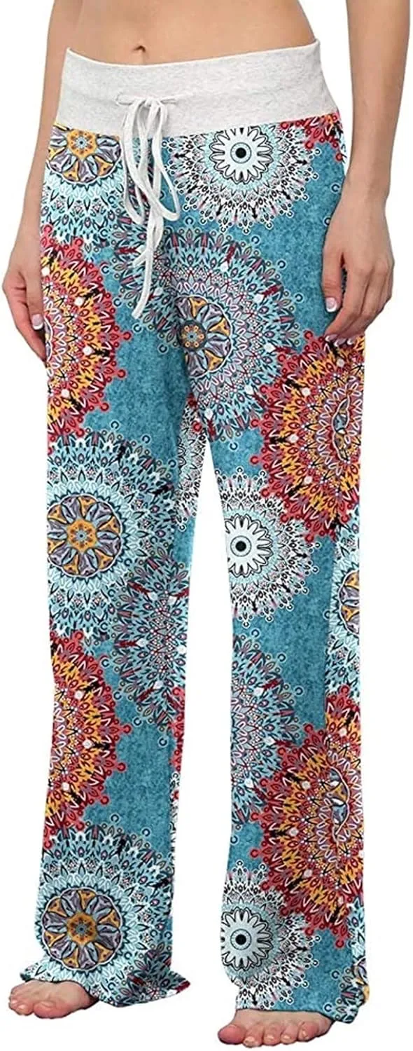 ROSA JUNIO Comfy Pajama Pants for Women Casual Drawstring Floral Palazzo Lounge Pants Stretch Wide Leg Bottoms