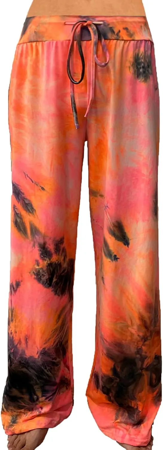 ROSA JUNIO Comfy Pajama Pants for Women Casual Drawstring Floral Palazzo Lounge Pants Stretch Wide Leg Bottoms