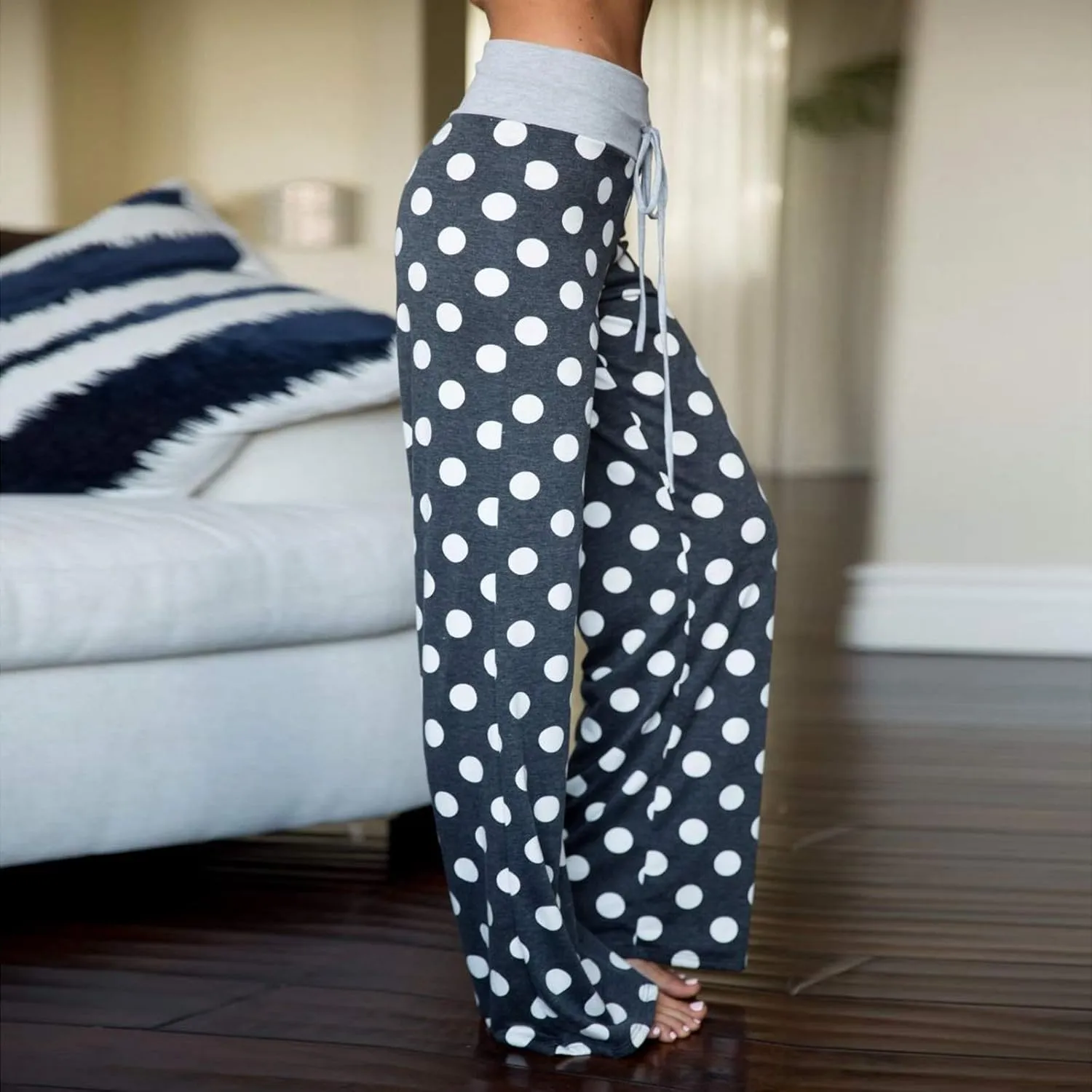 ROSA JUNIO Comfy Pajama Pants for Women Casual Drawstring Floral Palazzo Lounge Pants Stretch Wide Leg Bottoms