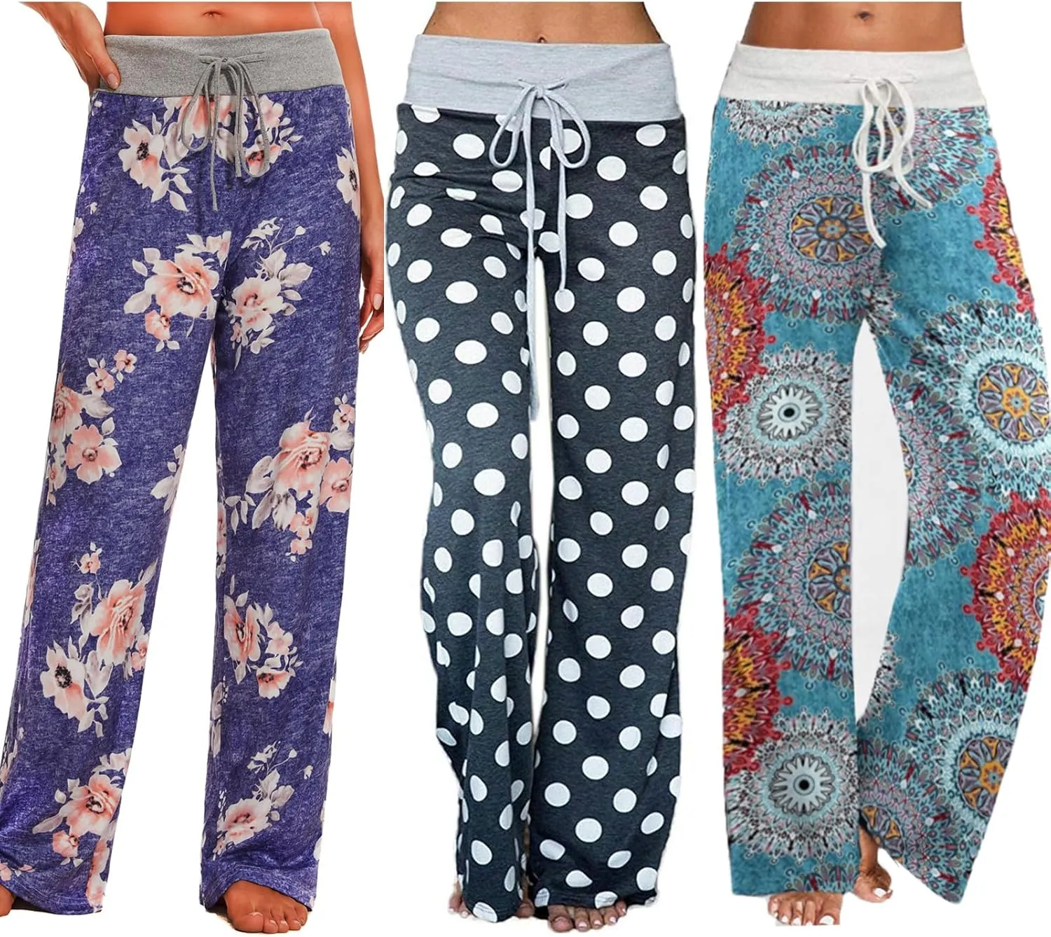 ROSA JUNIO Comfy Pajama Pants for Women Casual Drawstring Floral Palazzo Lounge Pants Stretch Wide Leg Bottoms