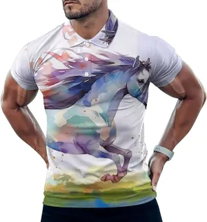 Running Horse Watercolor Mens Short Sleeve Polo Shirts Straight Sports Golf Tennis T-Shirt Quick Dry Long Top