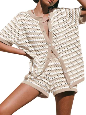 Saodimallsu Womens Crochet Swimsuit Coverup Summer Beach Sets Striped Knit Short Sleeve Button Shirts 2 Piece Short Set