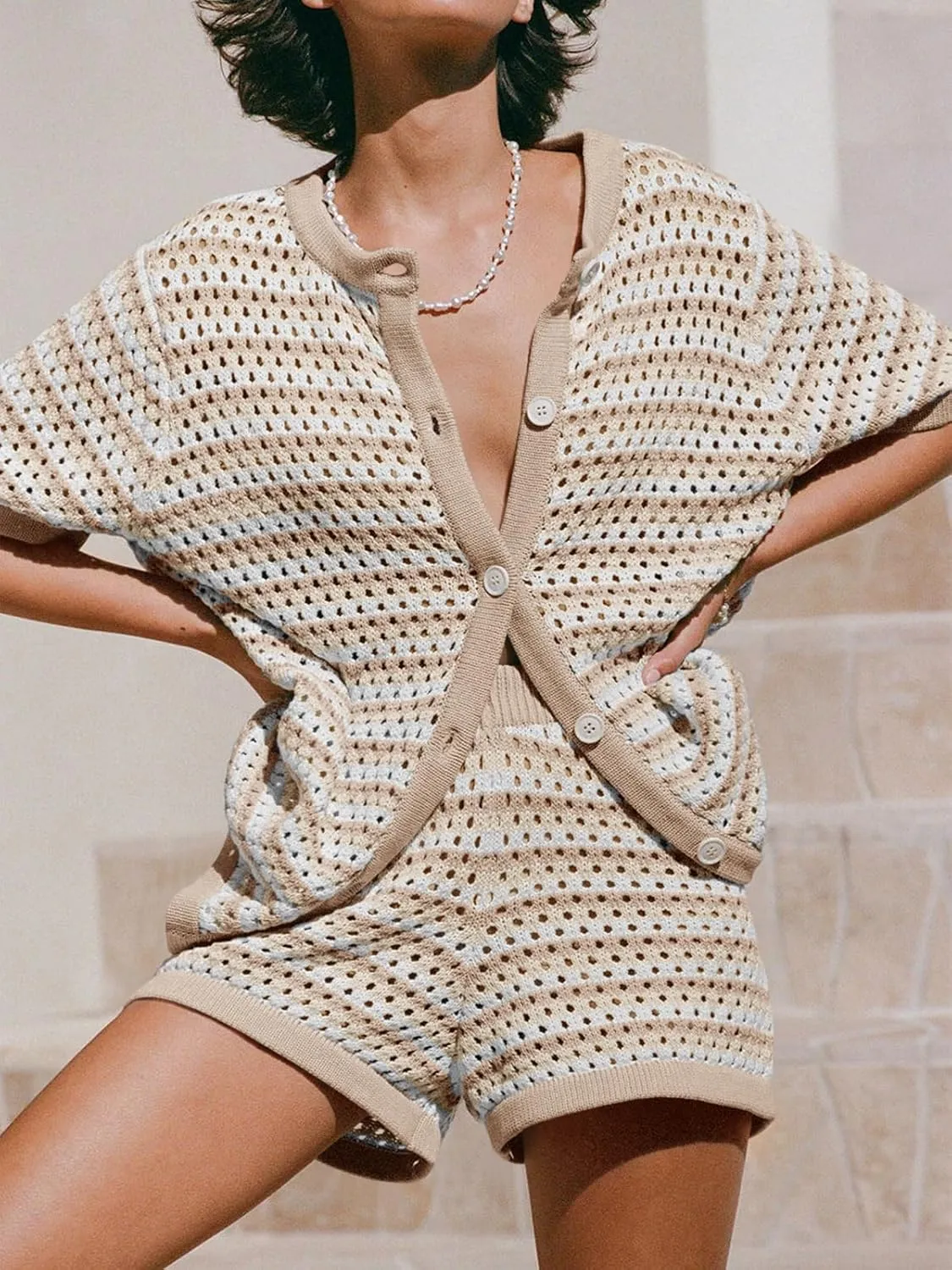 Saodimallsu Womens Crochet Swimsuit Coverup Summer Beach Sets Striped Knit Short Sleeve Button Shirts 2 Piece Short Set