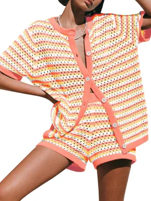 Saodimallsu Womens Crochet Swimsuit Coverup Summer Beach Sets Striped Knit Short Sleeve Button Shirts 2 Piece Short Set