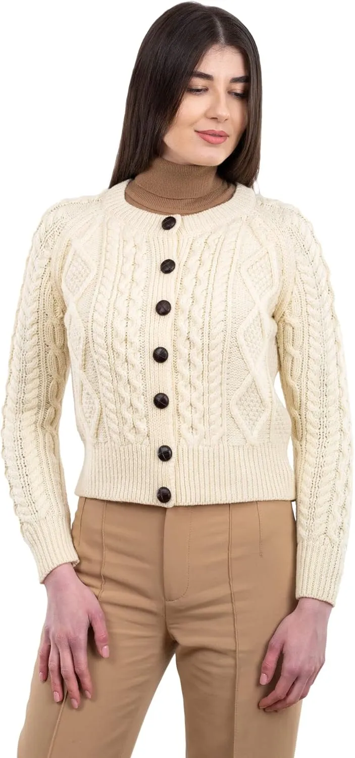 SAOL Irish Ladies Wool Cardigan Sweater Cable Knit Made in Ireland