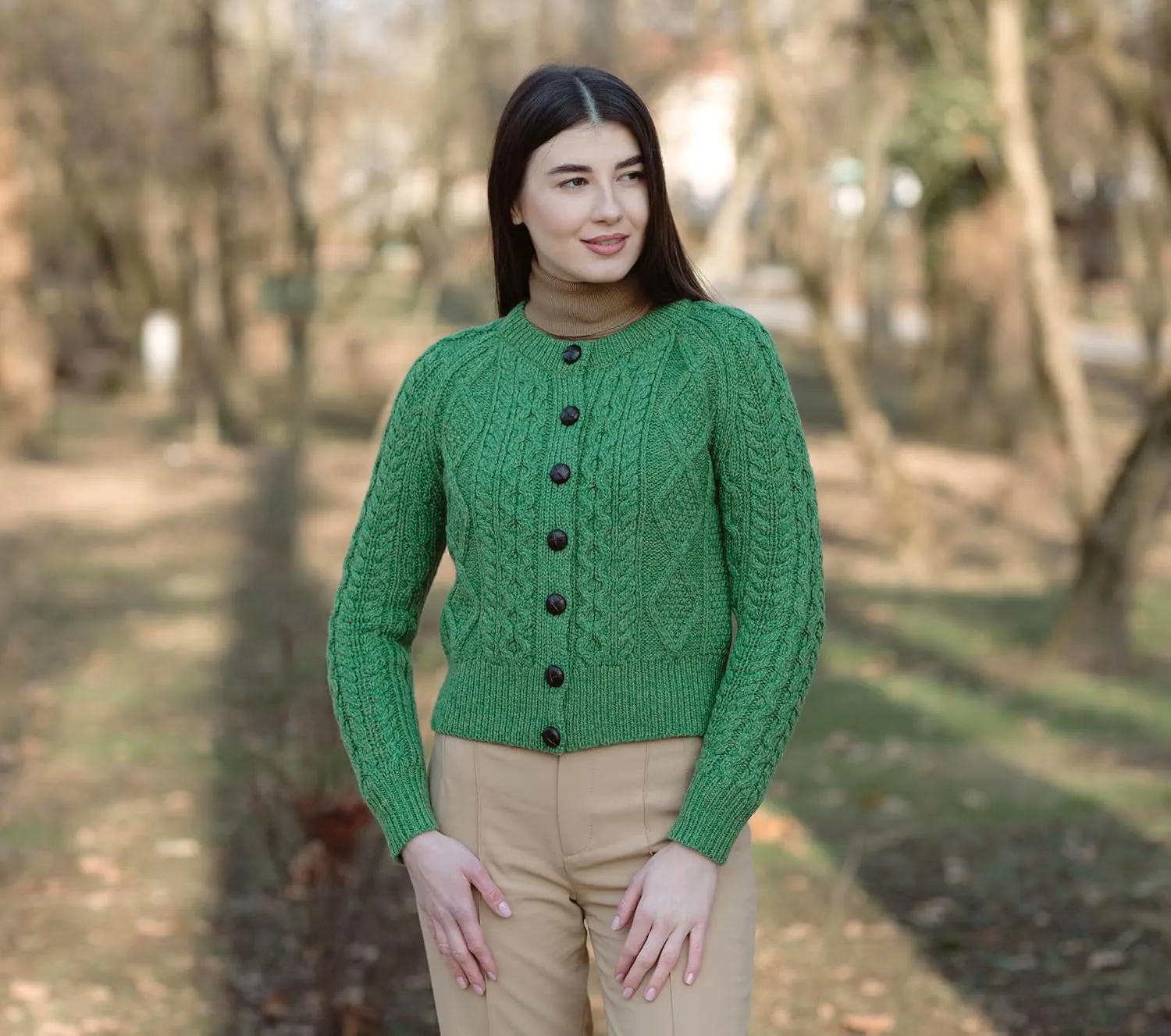 SAOL Irish Ladies Wool Cardigan Sweater Cable Knit Made in Ireland