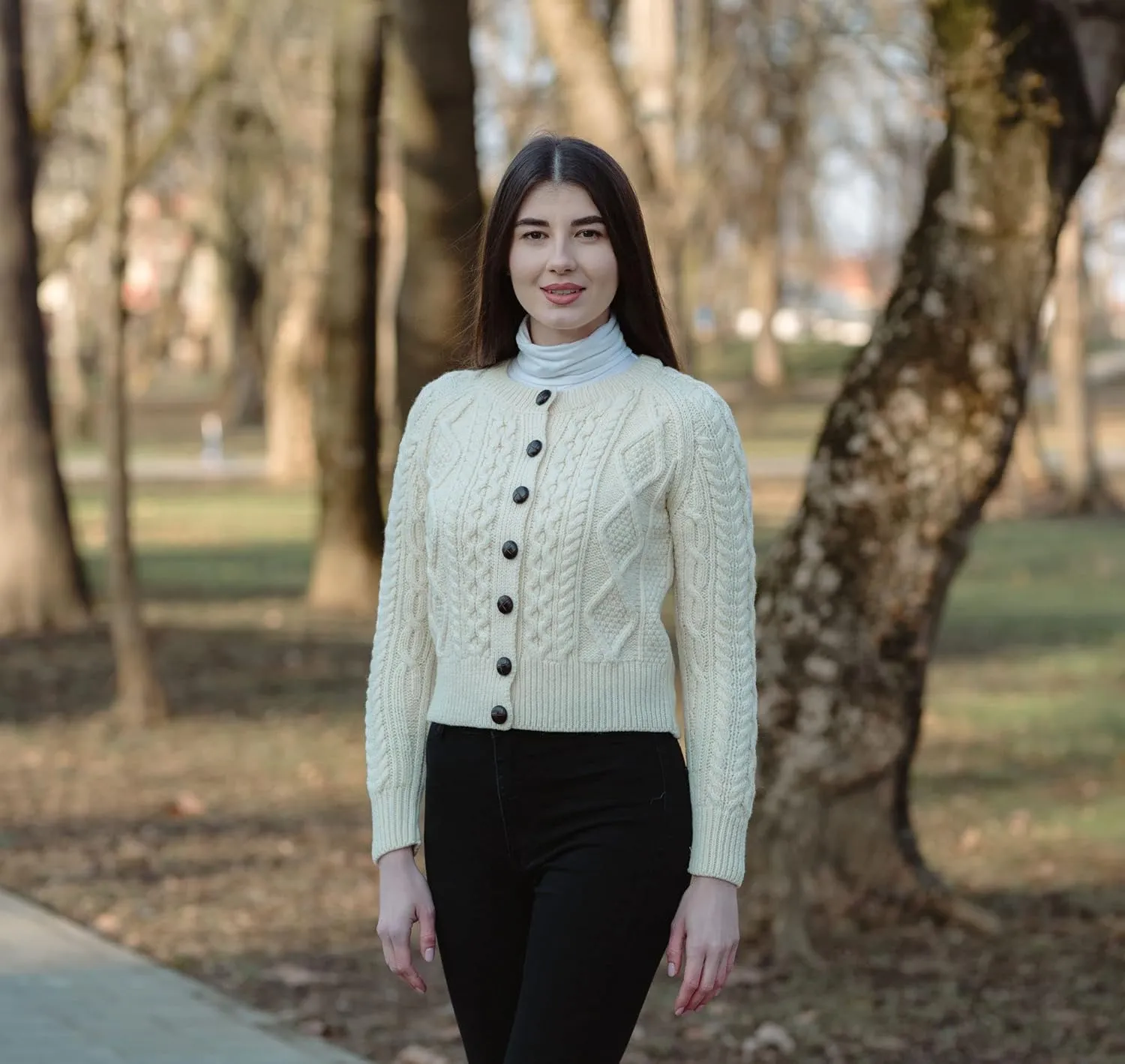 SAOL Irish Ladies Wool Cardigan Sweater Cable Knit Made in Ireland