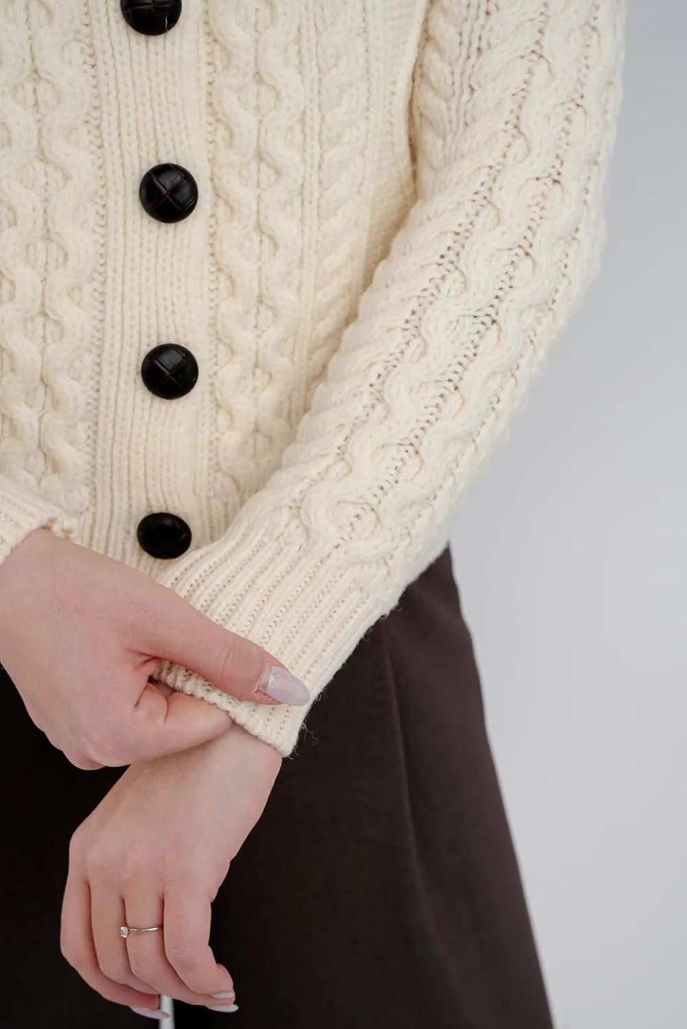 SAOL Irish Ladies Wool Cardigan Sweater Cable Knit Made in Ireland