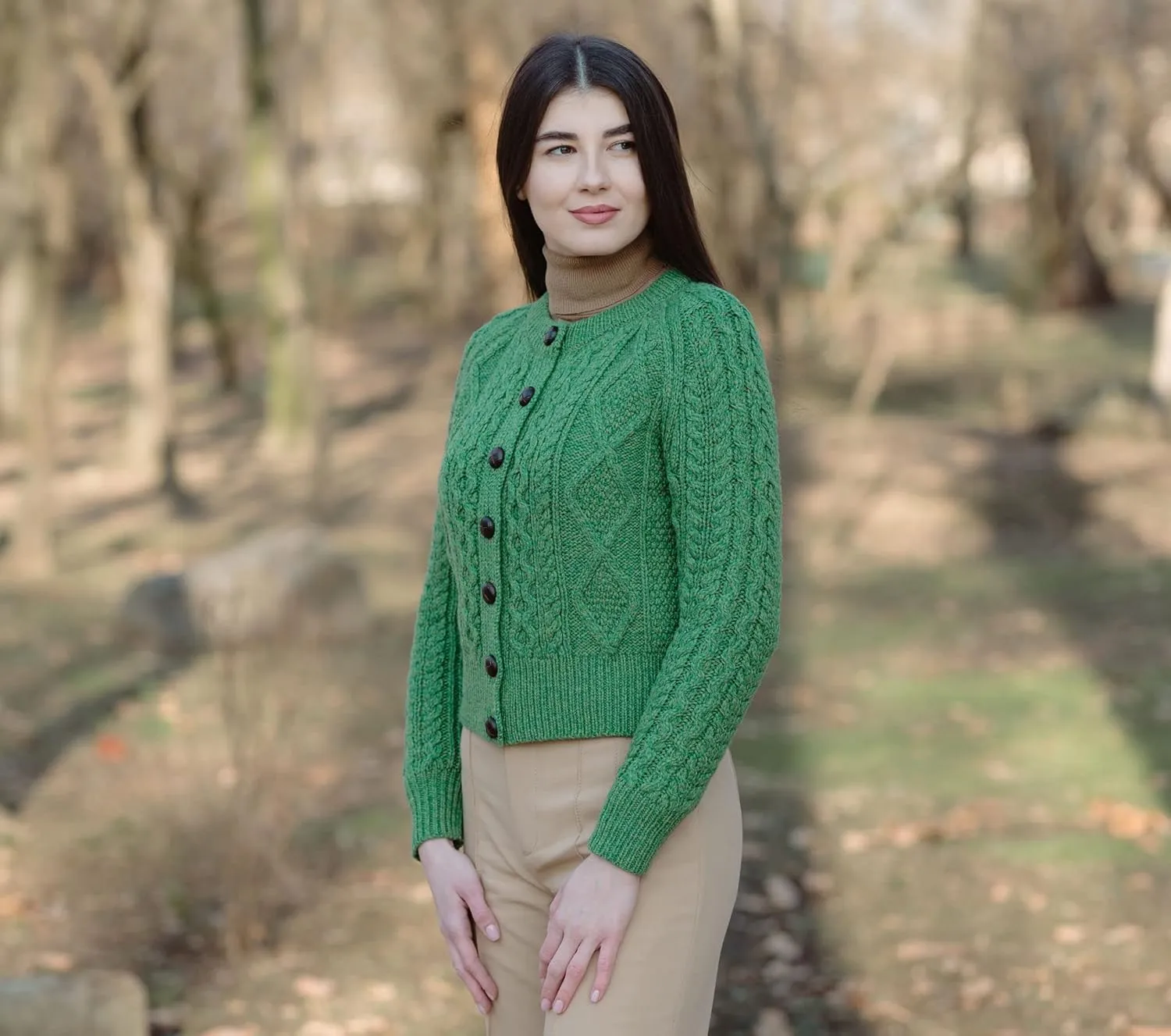 SAOL Irish Ladies Wool Cardigan Sweater Cable Knit Made in Ireland