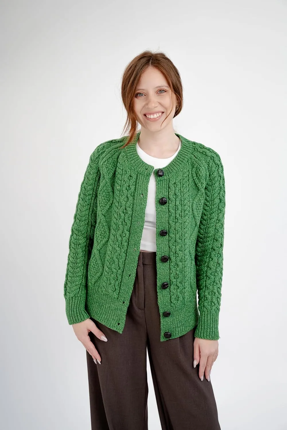 SAOL Irish Ladies Wool Cardigan Sweater Cable Knit Made in Ireland