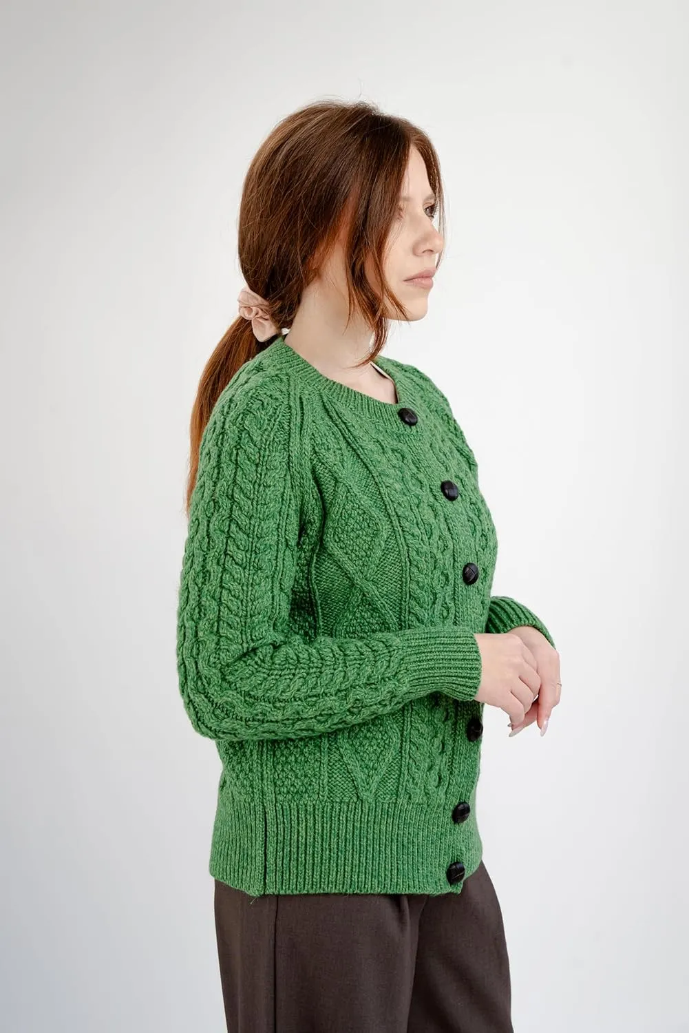 SAOL Irish Ladies Wool Cardigan Sweater Cable Knit Made in Ireland