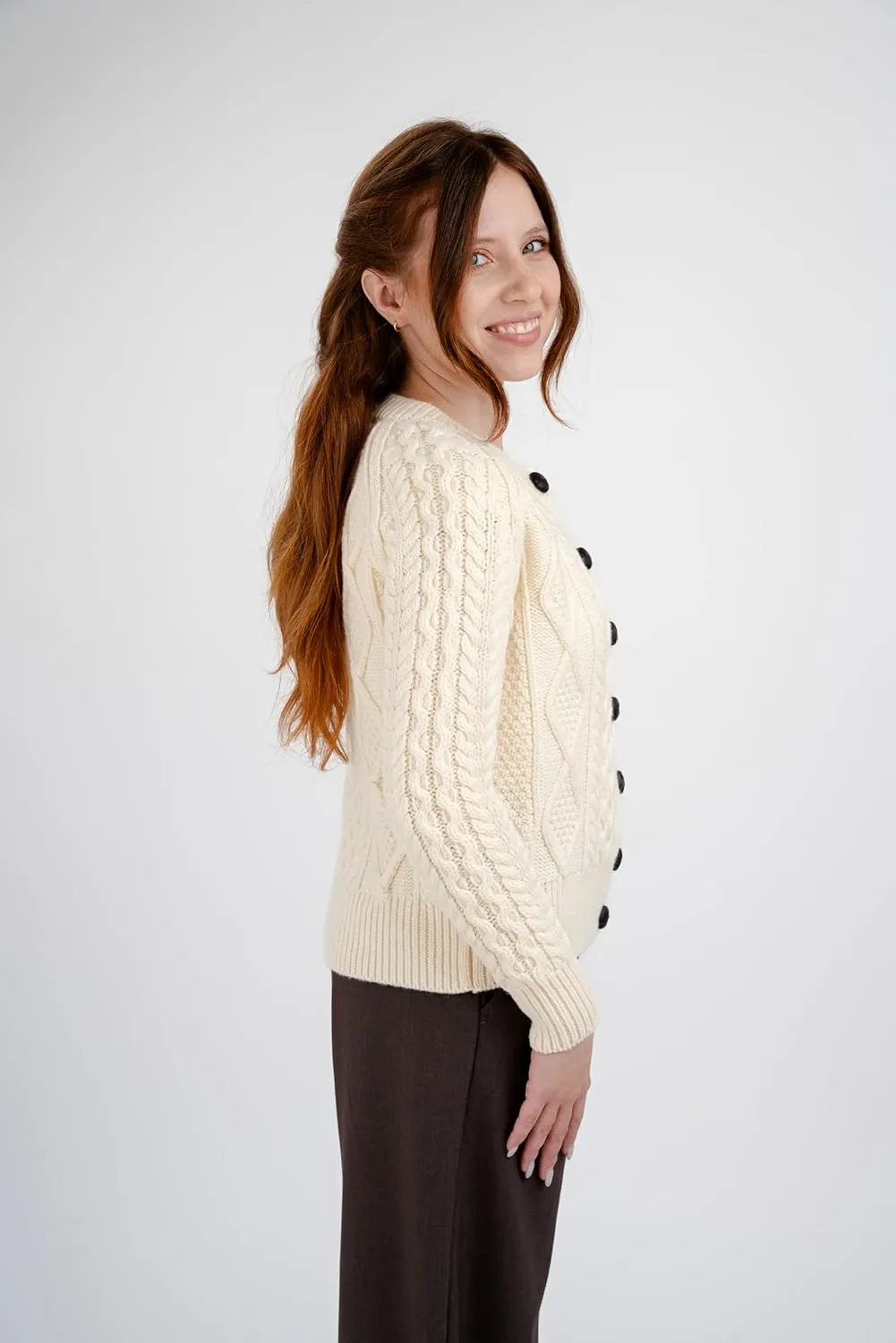 SAOL Irish Ladies Wool Cardigan Sweater Cable Knit Made in Ireland