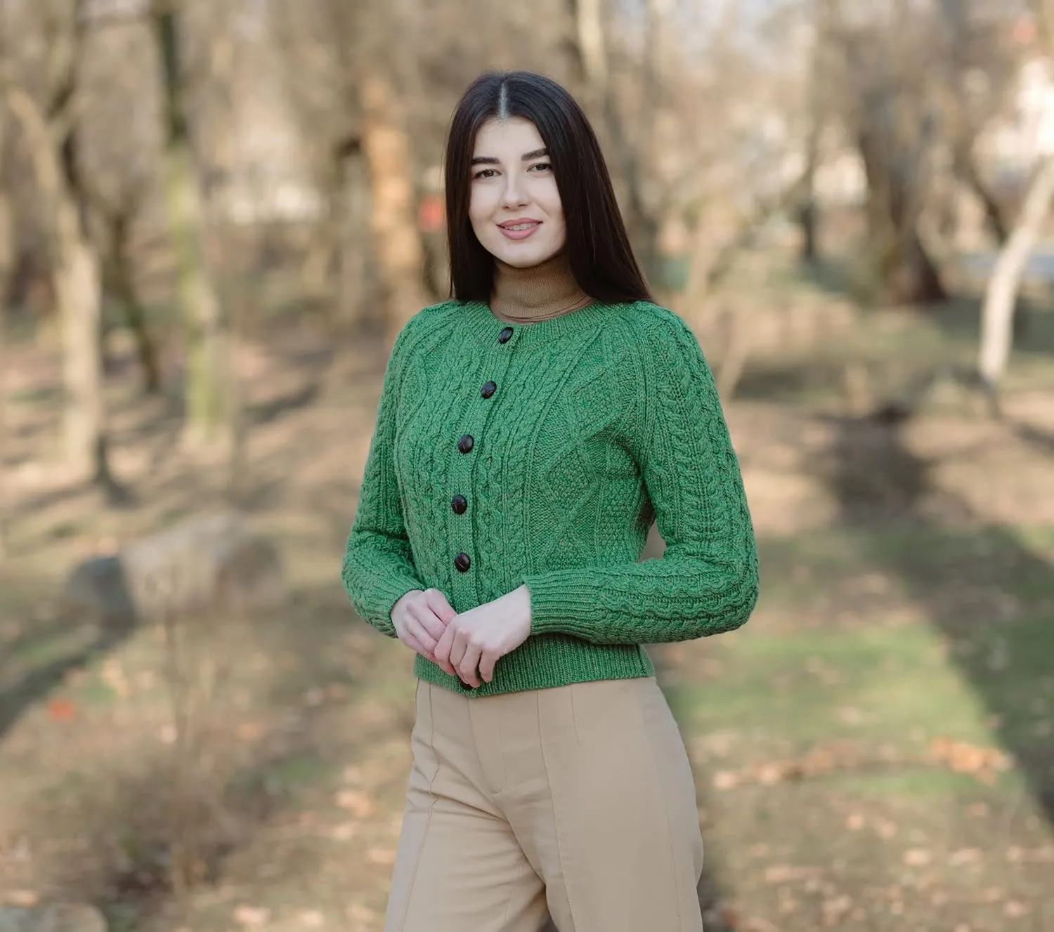 SAOL Irish Ladies Wool Cardigan Sweater Cable Knit Made in Ireland