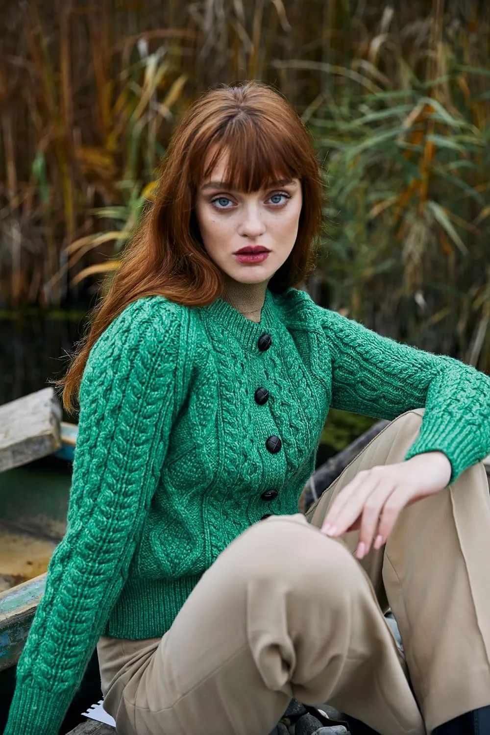 SAOL Irish Ladies Wool Cardigan Sweater Cable Knit Made in Ireland