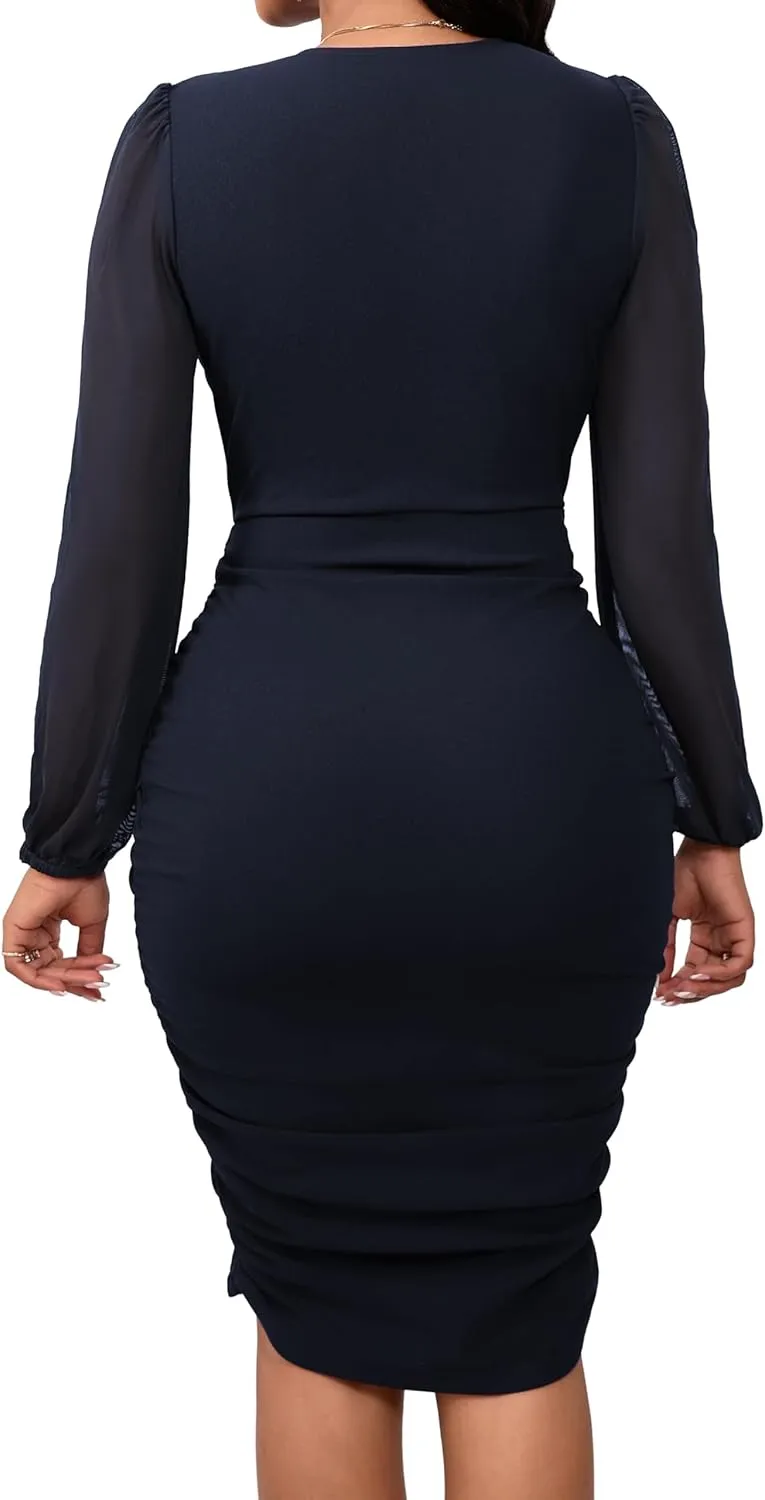SeNight Women's Dress Sexy V Neck Dresses Bodycon Mesh Long Sleeve Breathable Mini Pencil Clubwear for Evening Party