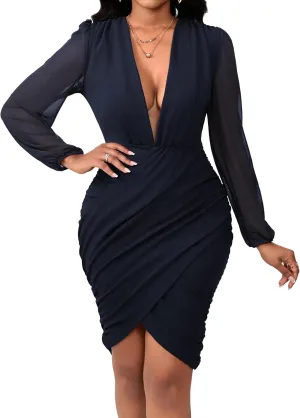 SeNight Women's Dress Sexy V Neck Dresses Bodycon Mesh Long Sleeve Breathable Mini Pencil Clubwear for Evening Party