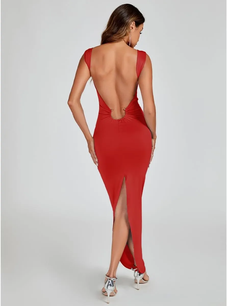 Sexy Backless Dresses for Women Cut Out Bodycon Maxi Dress Open Back Smocked High Slit Party Long Cocktail Dresses