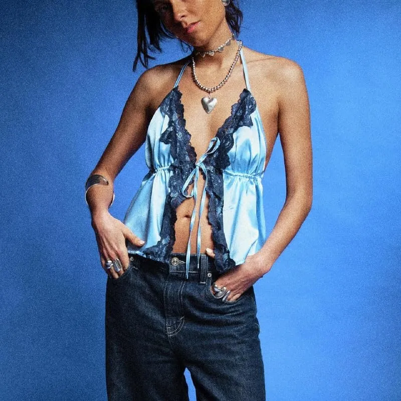 Sexy Women Deep V Neck Halter Top Open Back Tie Knot Backless Crop Camisole Y2K Night Party Club Wear Streetwear