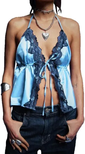 Sexy Women Deep V Neck Halter Top Open Back Tie Knot Backless Crop Camisole Y2K Night Party Club Wear Streetwear