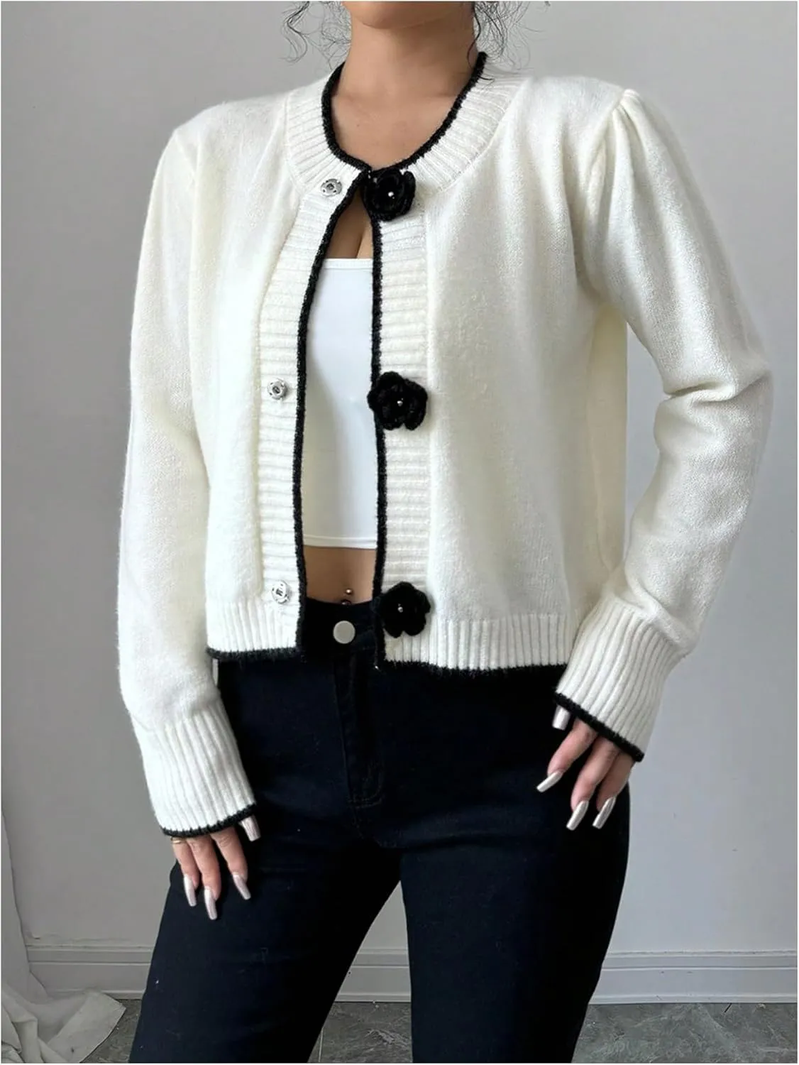 SHENHE Women's Crew Neck 3D Flower Cardigan Button Up Elegant Rosette Sweater Cardigan
