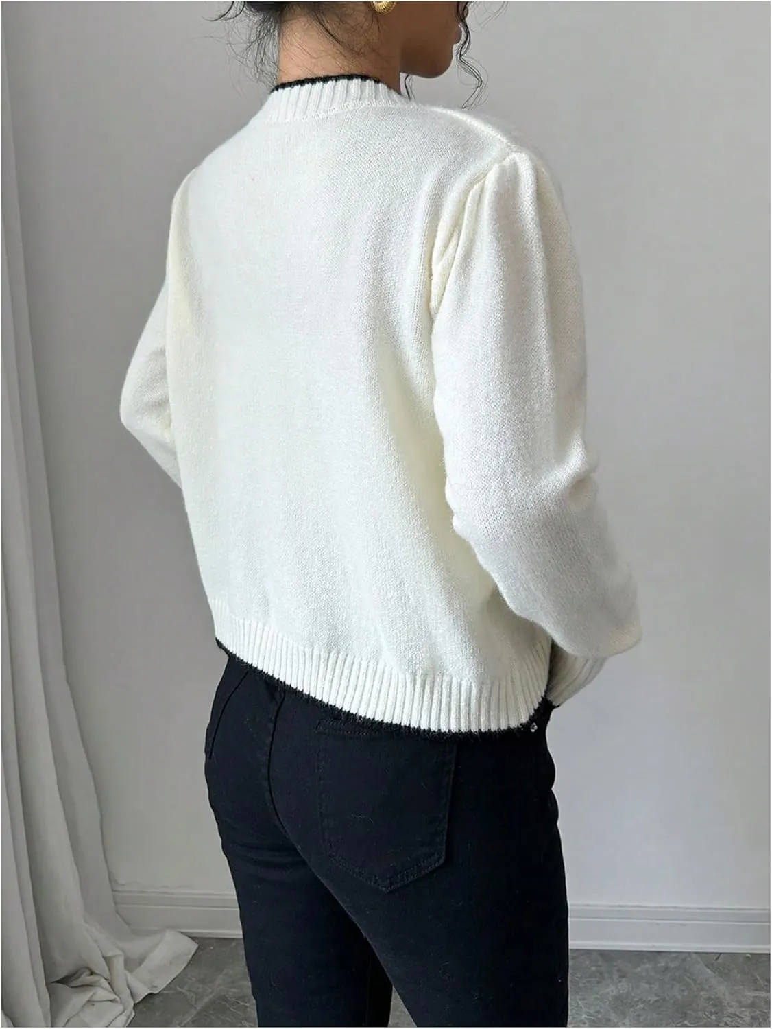 SHENHE Women's Crew Neck 3D Flower Cardigan Button Up Elegant Rosette Sweater Cardigan