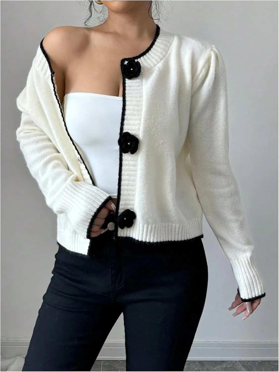 SHENHE Women's Crew Neck 3D Flower Cardigan Button Up Elegant Rosette Sweater Cardigan