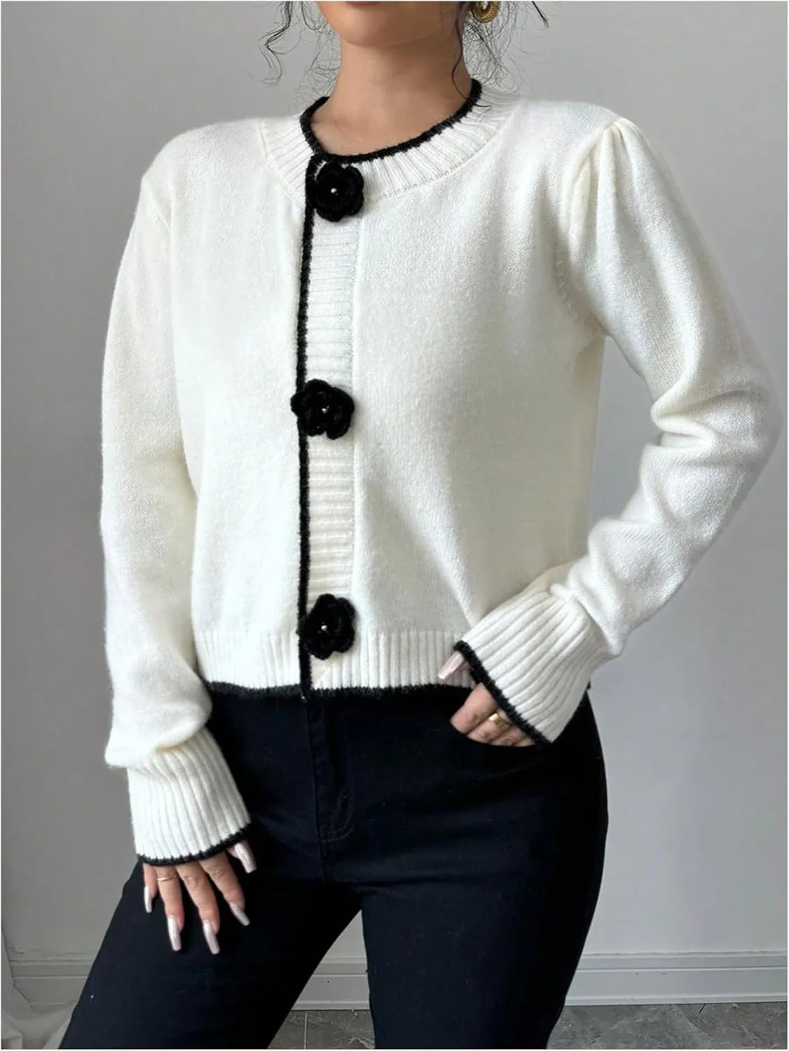 SHENHE Women's Crew Neck 3D Flower Cardigan Button Up Elegant Rosette Sweater Cardigan