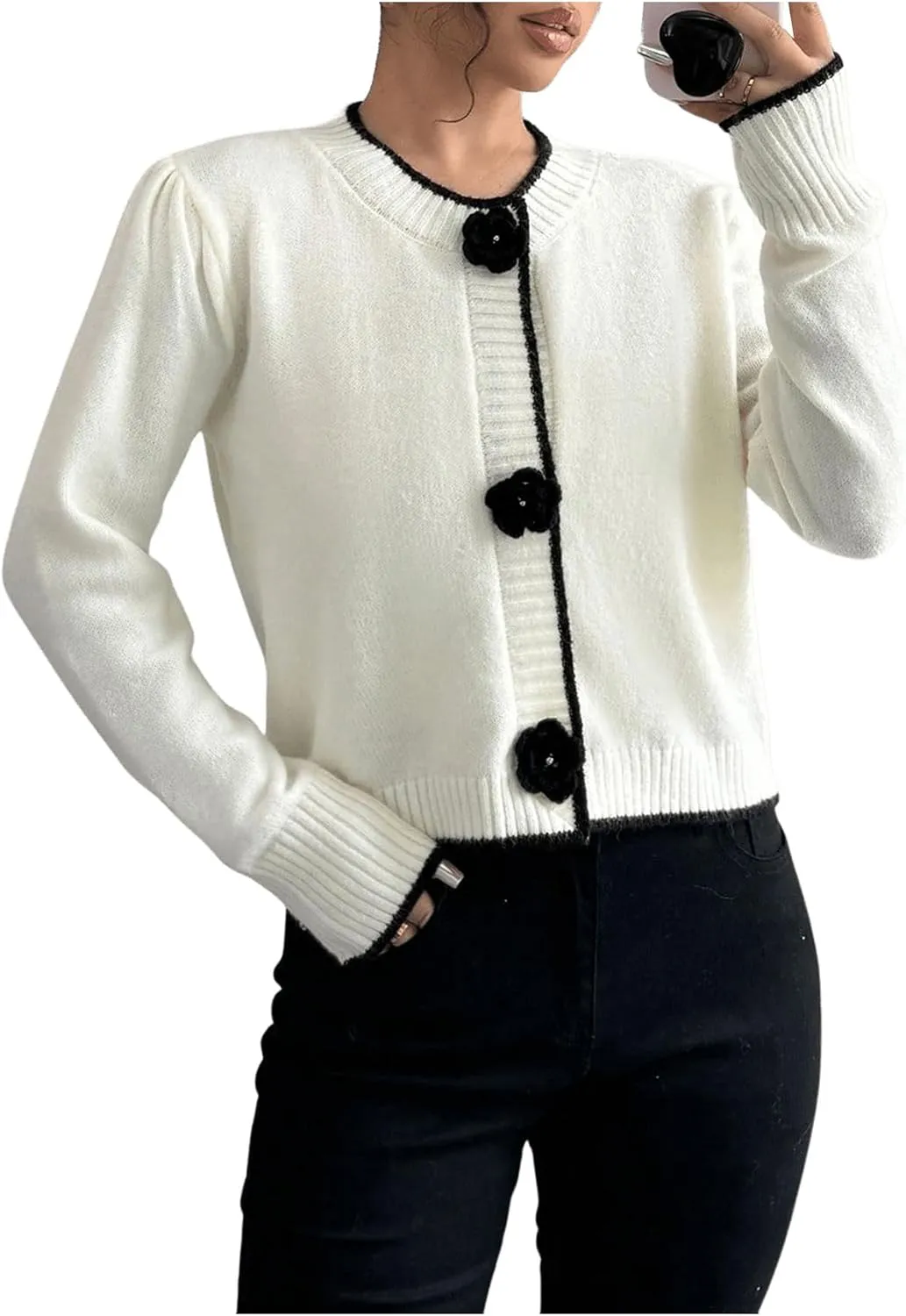 SHENHE Women's Crew Neck 3D Flower Cardigan Button Up Elegant Rosette Sweater Cardigan