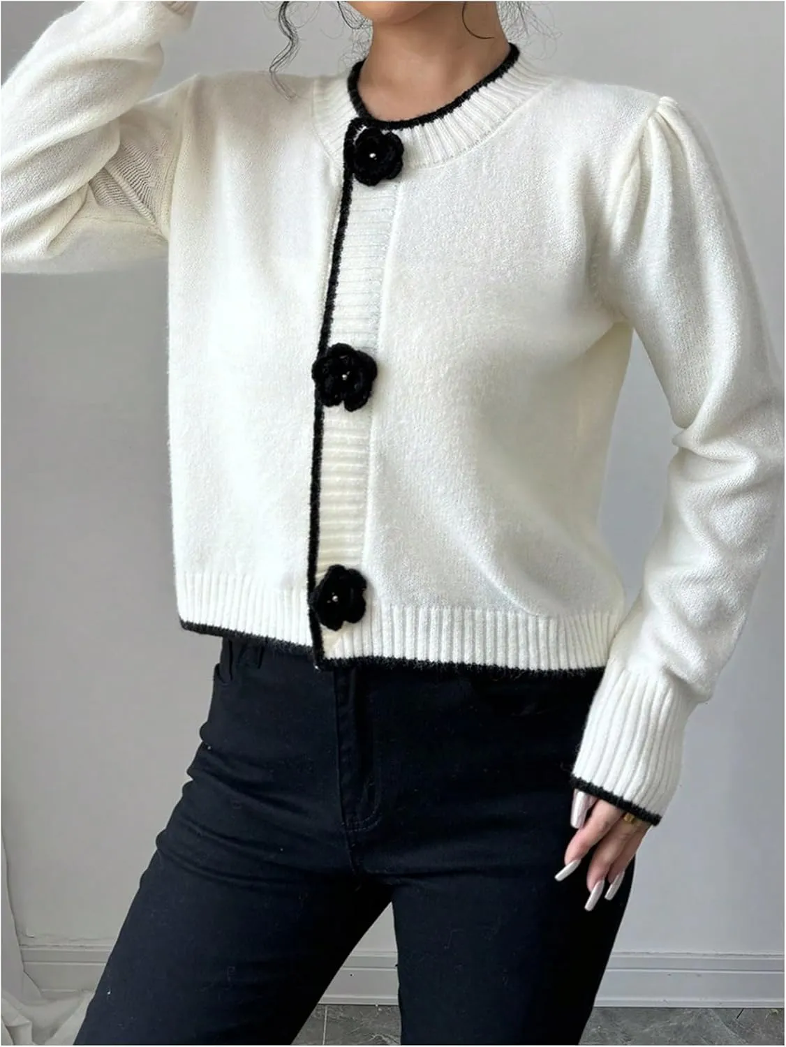 SHENHE Women's Crew Neck 3D Flower Cardigan Button Up Elegant Rosette Sweater Cardigan