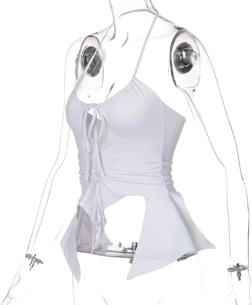 SHESEEWORLD Sexy Hollow Out Spaghhetti Strap Y2K Cropped Tank Top Drawstring Ruched Backless Slim Camisole Shirts Streetwear