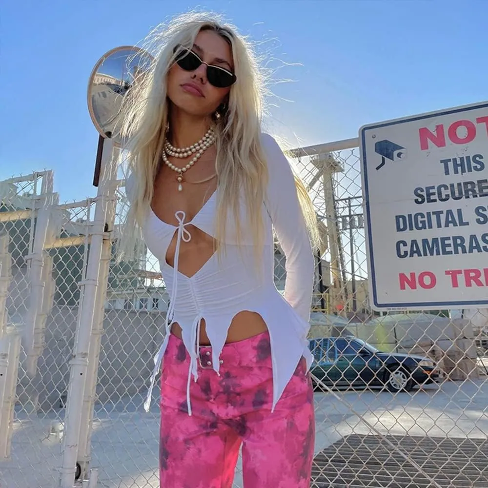 SHESEEWORLD Sexy Hollow Out Spaghhetti Strap Y2K Cropped Tank Top Drawstring Ruched Backless Slim Camisole Shirts Streetwear