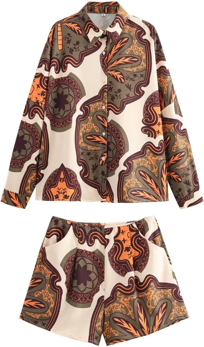 Short Sets for Women Fashion Printing Long Sleeve Button Tshirt High Waisted Shorts Women's Loungewear Sets