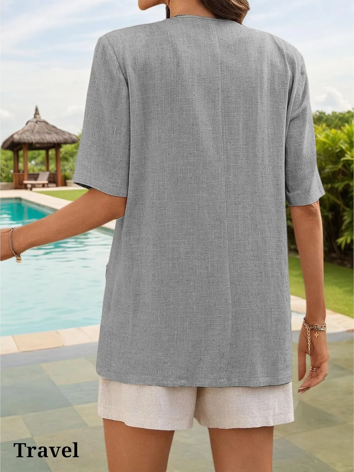 Short Sleeve Linen Blazer Women 2025 Summer Lightweight Breathable Collarless Beach Vacation Jacket with Pockets