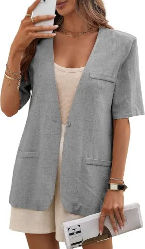 Short Sleeve Linen Blazer Women 2025 Summer Lightweight Breathable Collarless Beach Vacation Jacket with Pockets