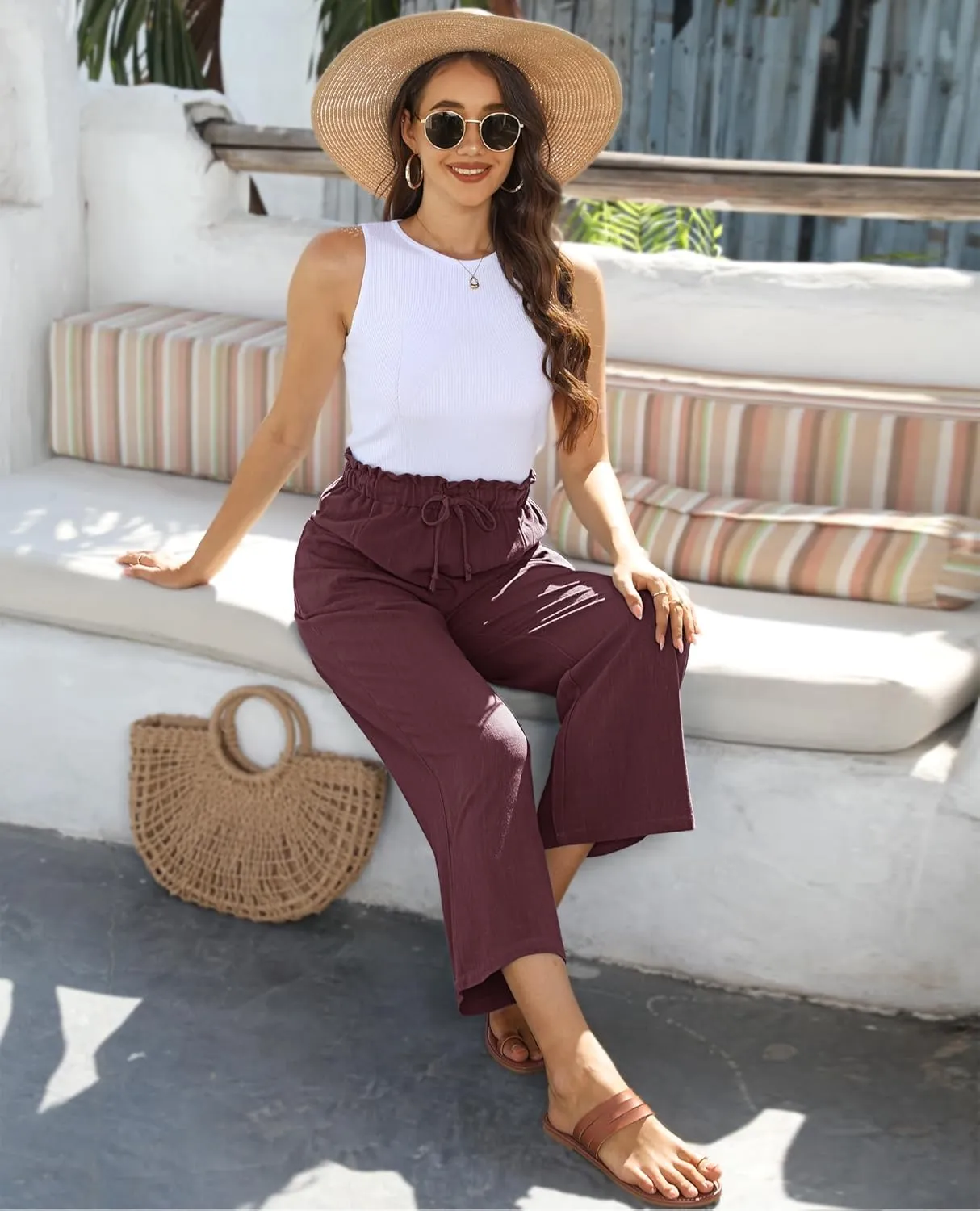 siliteelon Wide Leg Linen Pants for Women Summer Capri Palazzo Flowy Pants Casual Loose High Waist Trousers with Pockets