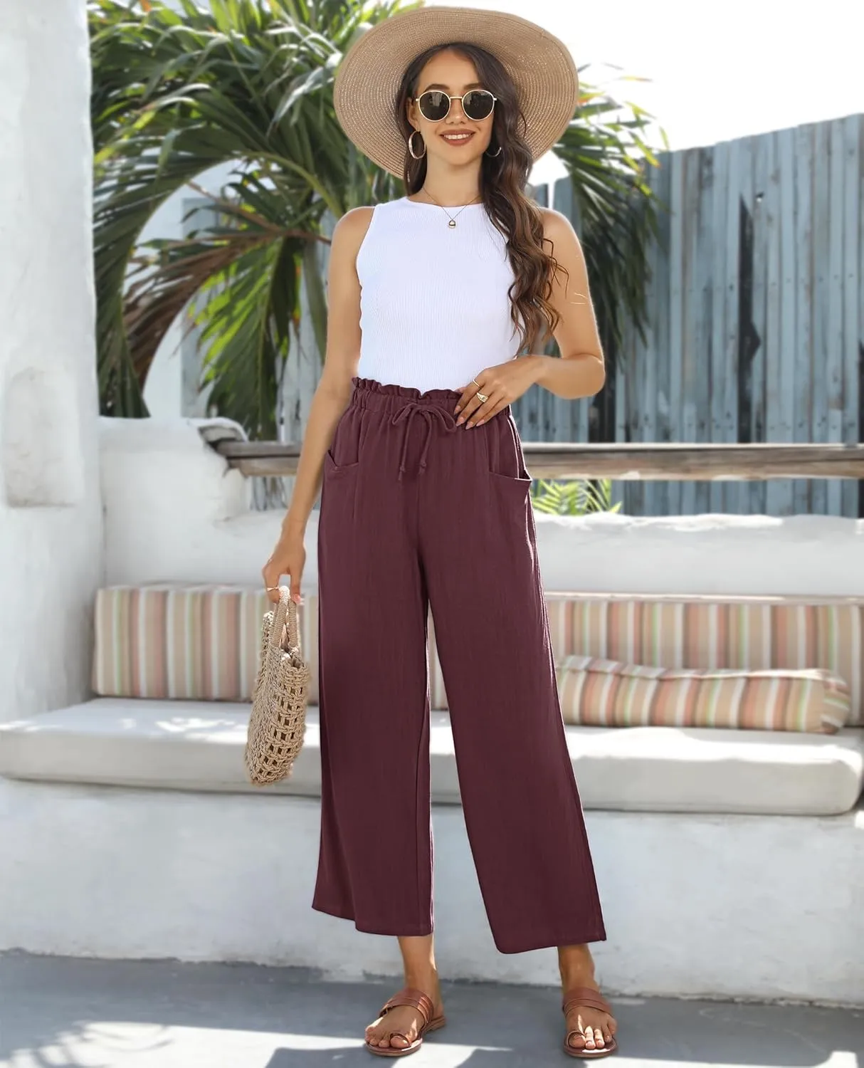 siliteelon Wide Leg Linen Pants for Women Summer Capri Palazzo Flowy Pants Casual Loose High Waist Trousers with Pockets