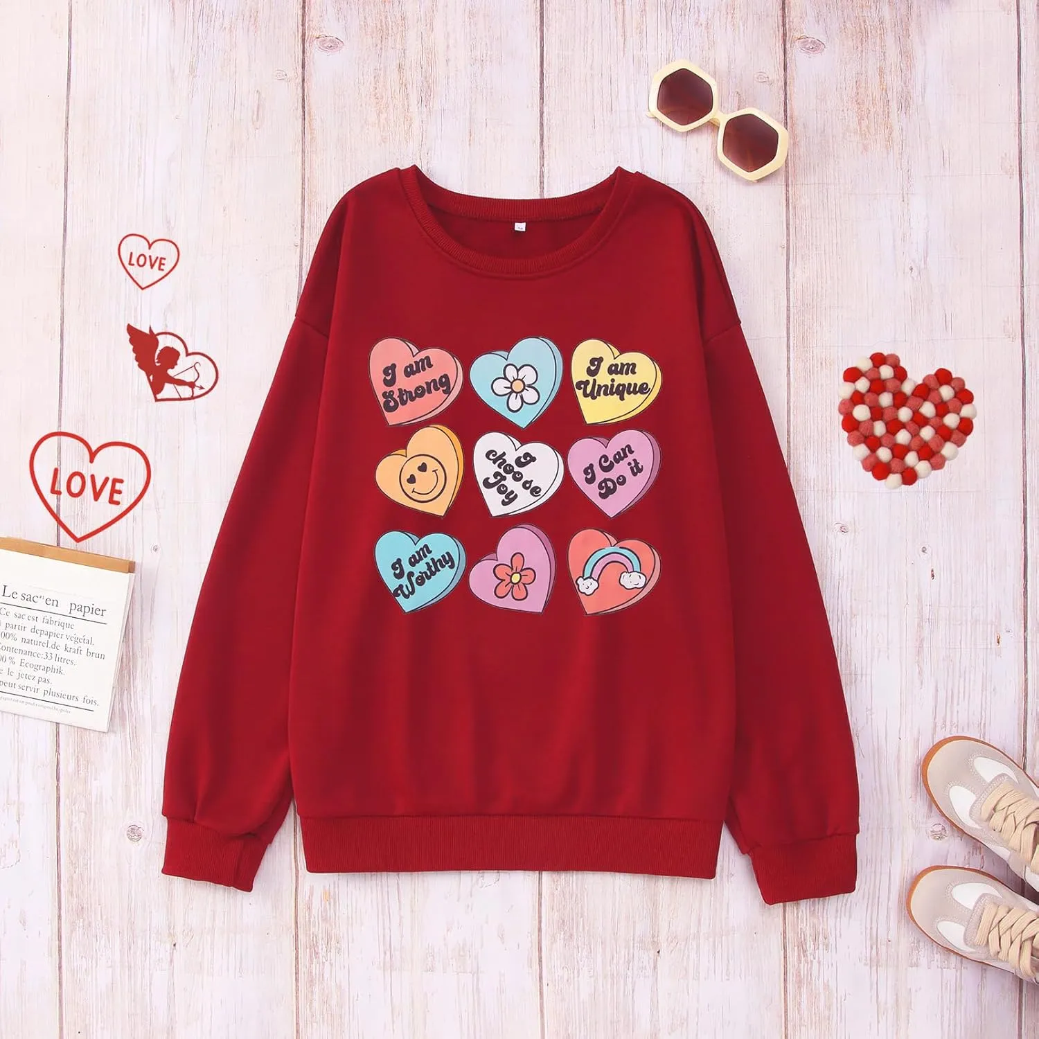 SOFEON Womens Valentines Sweatshirt Heart Print Inspirational Long Sleeve Shirts Crewneck Pullover Oversized Tops