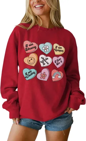 SOFEON Womens Valentines Sweatshirt Heart Print Inspirational Long Sleeve Shirts Crewneck Pullover Oversized Tops