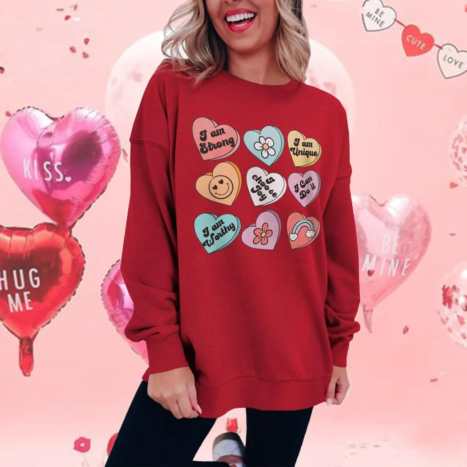 SOFEON Womens Valentines Sweatshirt Heart Print Inspirational Long Sleeve Shirts Crewneck Pullover Oversized Tops
