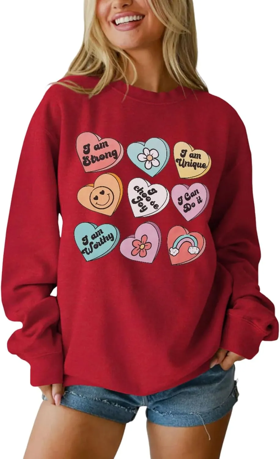 SOFEON Womens Valentines Sweatshirt Heart Print Inspirational Long Sleeve Shirts Crewneck Pullover Oversized Tops