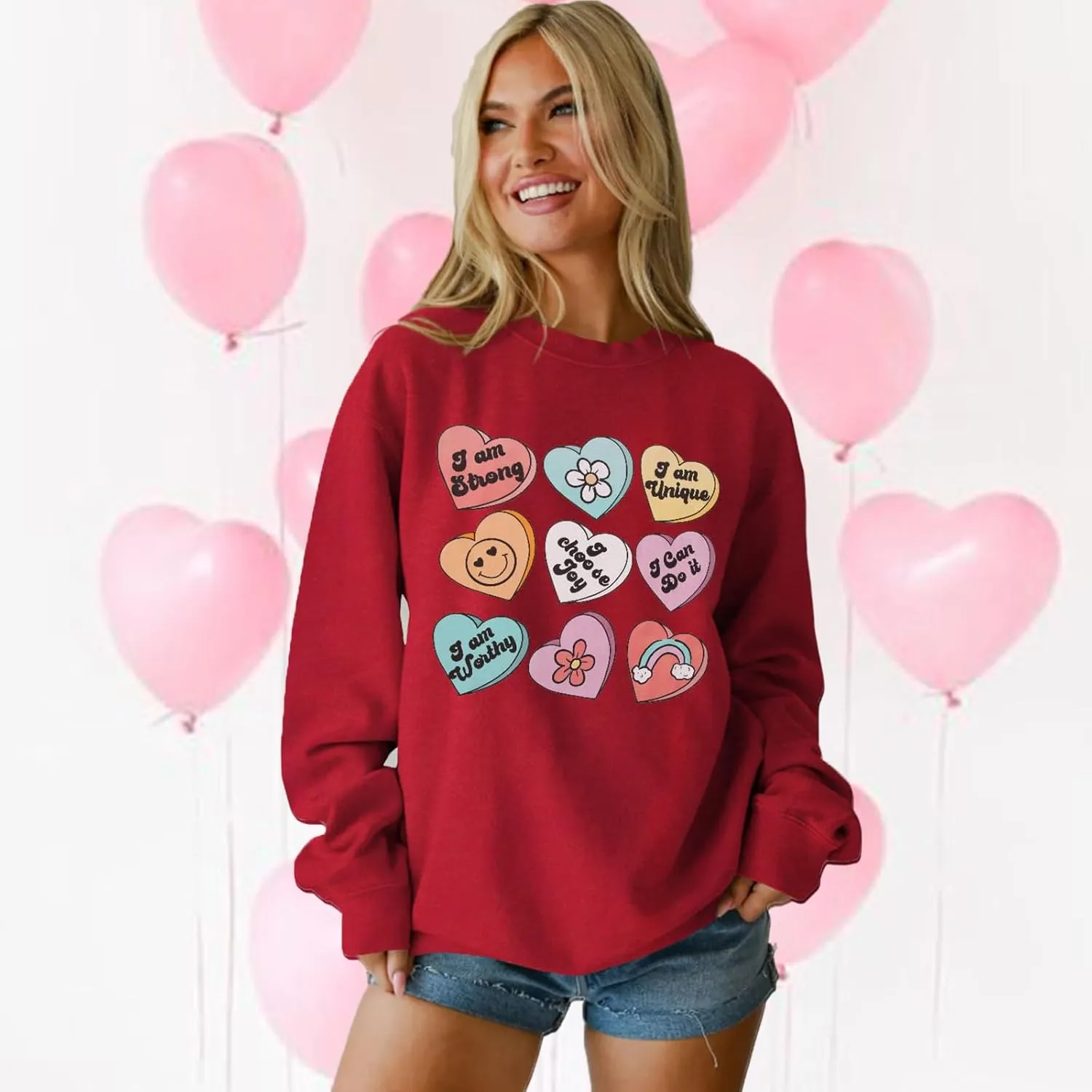 SOFEON Womens Valentines Sweatshirt Heart Print Inspirational Long Sleeve Shirts Crewneck Pullover Oversized Tops