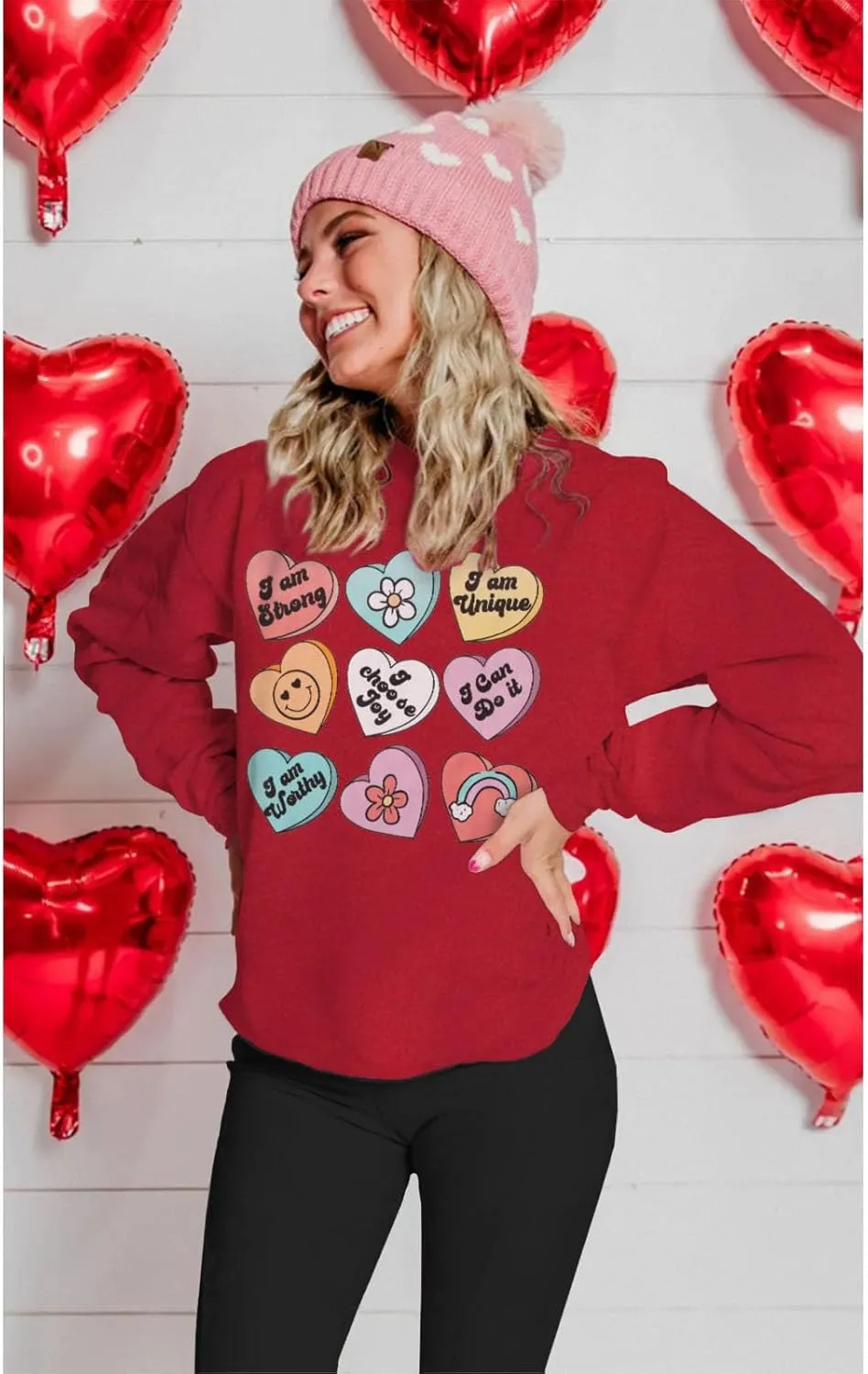 SOFEON Womens Valentines Sweatshirt Heart Print Inspirational Long Sleeve Shirts Crewneck Pullover Oversized Tops