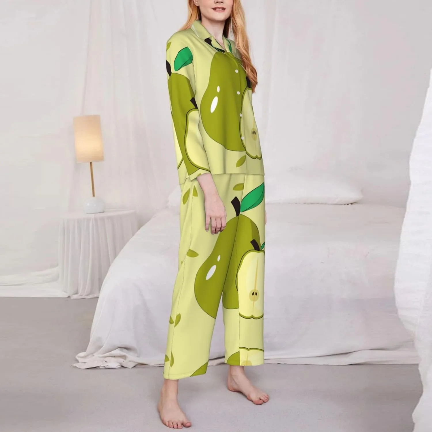 Soft Women's Pajama Set Long Sleeve - cartoon pear Print Cozy Sleepwear Loungewear Pjs, for Relaxing at Home