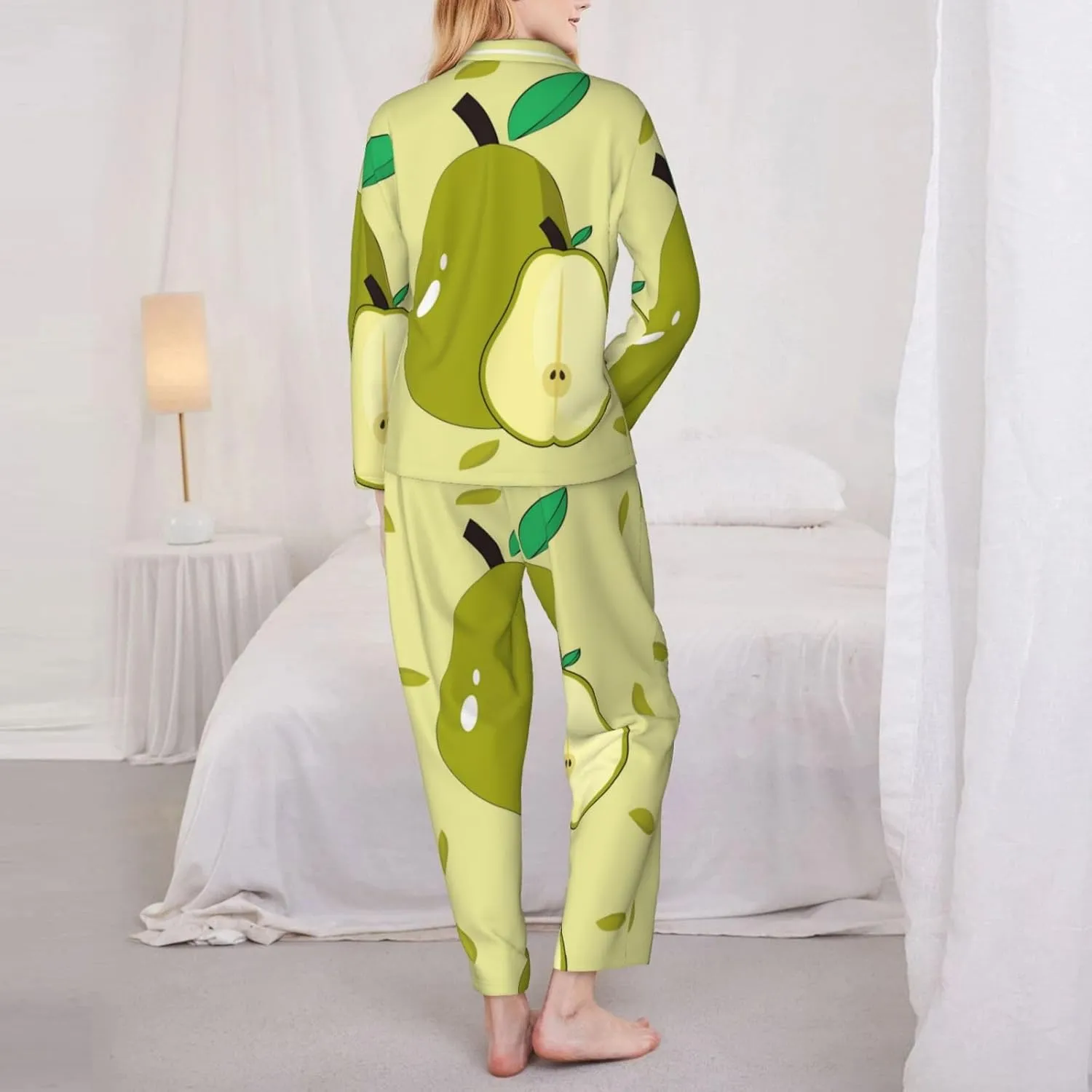 Soft Women's Pajama Set Long Sleeve - cartoon pear Print Cozy Sleepwear Loungewear Pjs, for Relaxing at Home