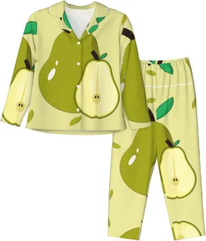 Soft Women's Pajama Set Long Sleeve - cartoon pear Print Cozy Sleepwear Loungewear Pjs, for Relaxing at Home