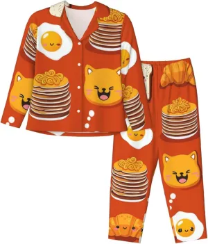 Soft Women's Pajama Set Long Sleeve - Cute Cartoon Breakfast Print Cozy Sleepwear Loungewear Pjs, for Relaxing at Home
