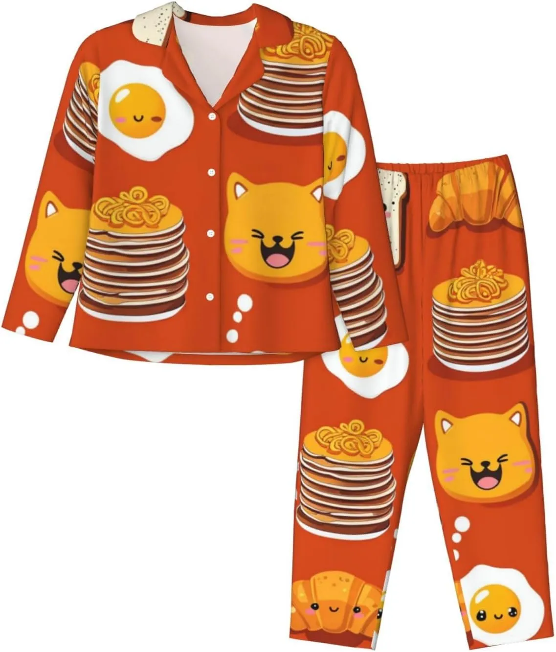 Soft Women's Pajama Set Long Sleeve - Cute Cartoon Breakfast Print Cozy Sleepwear Loungewear Pjs, for Relaxing at Home