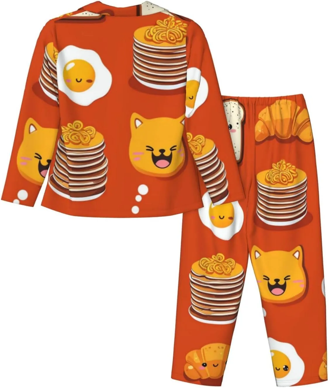 Soft Women's Pajama Set Long Sleeve - Cute Cartoon Breakfast Print Cozy Sleepwear Loungewear Pjs, for Relaxing at Home