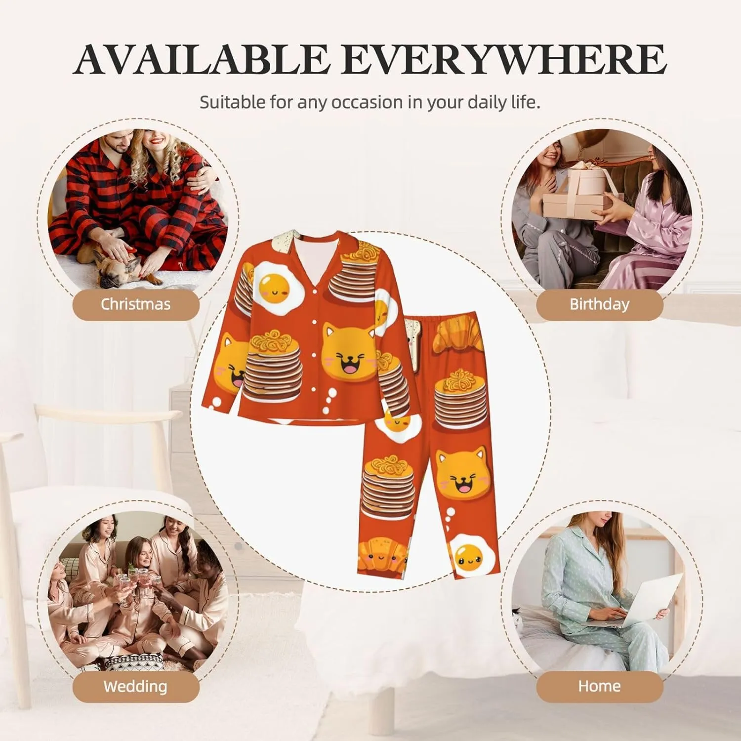 Soft Women's Pajama Set Long Sleeve - Cute Cartoon Breakfast Print Cozy Sleepwear Loungewear Pjs, for Relaxing at Home